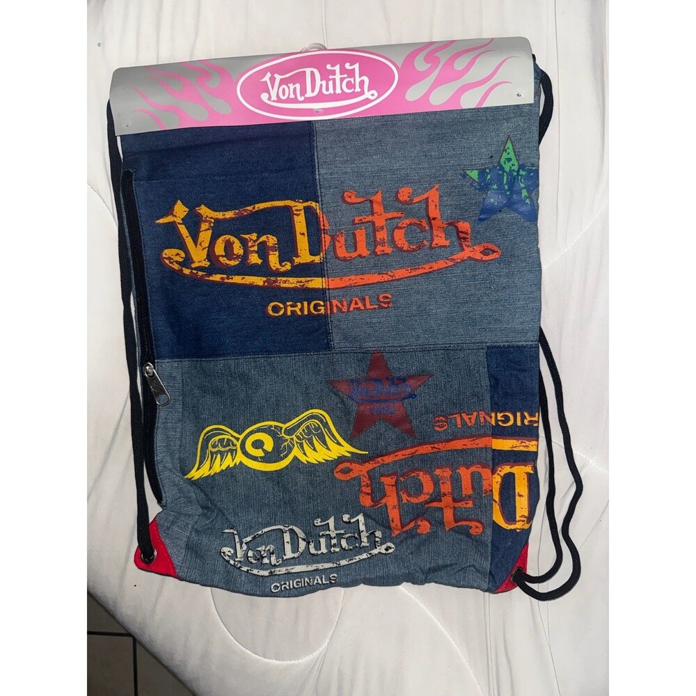 Von Dutch Drawstring Bag NWT Patchwork Denim Backpack Flying Eyeball Y2K